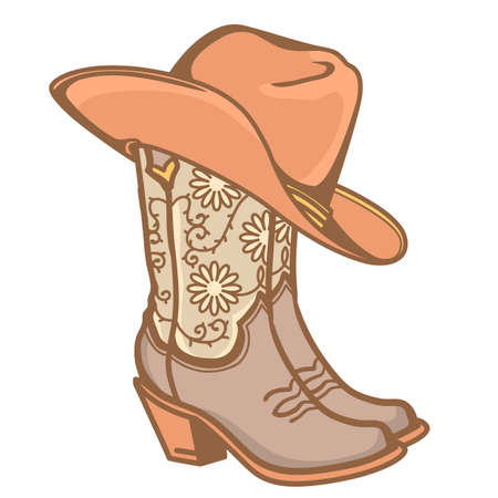 Cowboy boots and cowboy hat. Cowgirl boots vector vintage color illustration on old paper background for textのイラスト素材