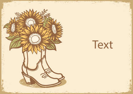 Cowboy boots with yellow sunflowers bouquet decoration. Vintage vector color illustration Country wedding decor background for text.のイラスト素材