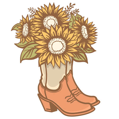 Cowboy boots with yellow sunflowers bouquet decoration. Cowgirl boots vector color illustration Country wedding decor  isolated on white for printのイラスト素材