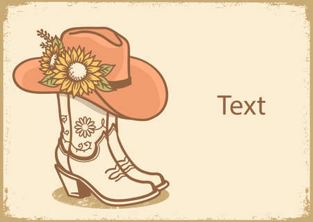 Cowboy boots and cowboy hat with sunflowers decoration. Cowgirl boots vector vintage illustration. Country wedding hand drawn illustration on old paper texture for textのイラスト素材