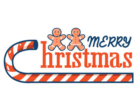 Christmas text decoration sweet cane and cookies gingerbread decor. Vector winter holiday illustration isolated on white for designのイラスト素材