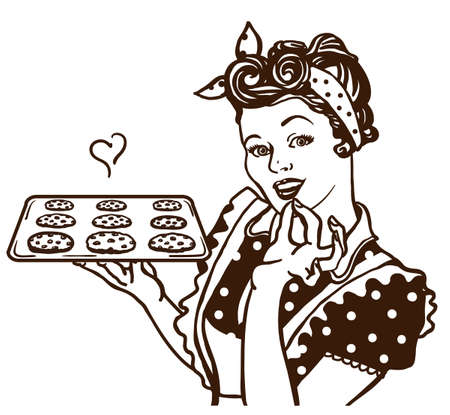 Retro smiling housewife cooking chocolate chip cookies in hands. Pin up vector graphic illustration woman in the kitchen isolated on whiteのイラスト素材