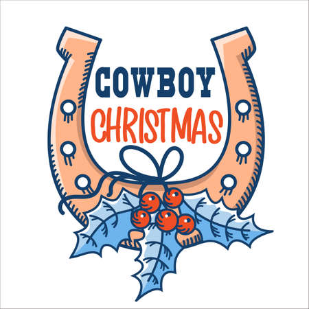 Cowboy Merry Christmas symbol with lucky horseshoe and holly berry. Vector Country christmas with text isolated on whiteのイラスト素材
