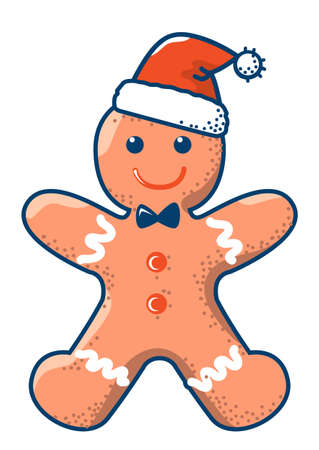 Gingerbread man cookie in Santa hat for Christmas holiday. Vector winter holiday illustration isolated on white for designのイラスト素材