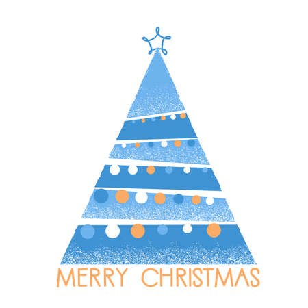 Vector blue winter Chriistmas card with tree on white background and holiday text. Tender nice abstract christmas tree decorationsのイラスト素材