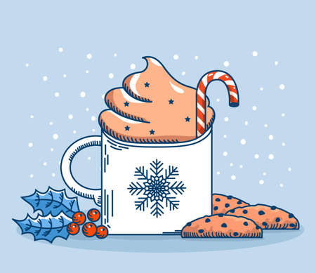 Christmas cup of Whipped coffee milk and sweet chocolate chip cookies. Vector winter Chriistmas card with red holly berry on blue snow background for textのイラスト素材