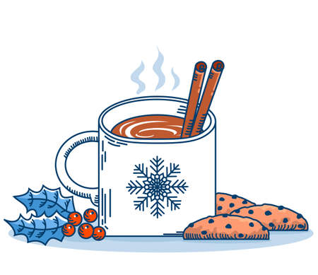 Christmas cup tea coffee milk and sweet chocolate chip cookies. Vector winter Chriistmas card with holly berry and cup tea on white backgroundのイラスト素材