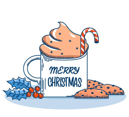 Christmas cup of Whipped coffee milk and sweet chocolate chip cookies and holiday text. Vector blue winter Chriistmas card with red holly berry on white backgroundのイラスト素材