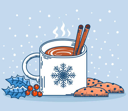 Christmas cup tea with milk and sweet chocolate chip cookies. Vector winter Chriistmas card with holly berry and coffee on background for textのイラスト素材