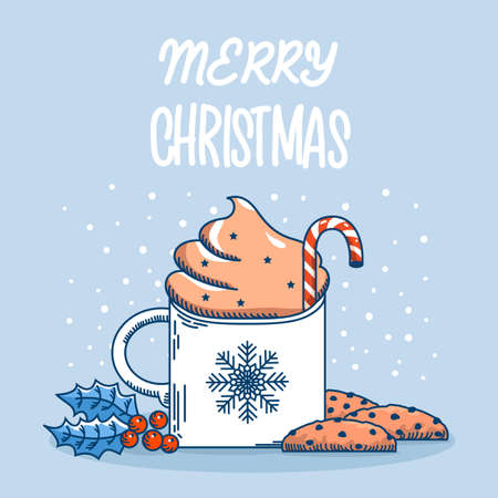 Christmas cup of Whipped coffee milk and sweet chocolate chip cookies. Vector winter Chriistmas card with red holly berry on blue sow background with textのイラスト素材