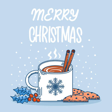 Christmas cup tea with milk and sweet chocolate chip cookies. Vector blue winter Chriistmas card with red holly berry and coffee on background with textのイラスト素材