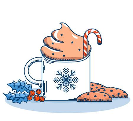 Christmas cup of Whipped coffee milk and sweet chocolate chip cookies. Vector blue winter Chriistmas card with red holly berry on white backgroundのイラスト素材