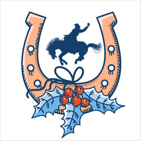 Cowboy Merry Christmas symbol with lucky horseshoe and holly berry. Vector Christmas rodeo with cowboy drive wild horse isolated on whiteのイラスト素材