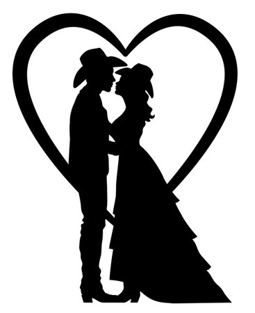 bride and groom silhouette with heart symbol isolated on white. Vector country wedding groom and bride with cowboy hat and cowboy bootsのイラスト素材