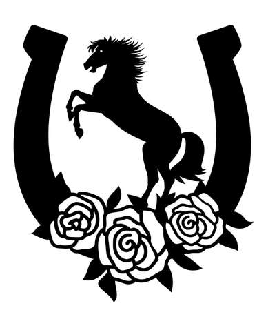 Horse and horseshoe sign silhouette with roses flowers illustration isolated on white for print or design. Vector Farm cowboy rodeoのイラスト素材