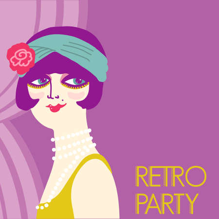 Retro party invitation card. Vintage flapper girl in 1920s style fashion dress and long beads. Vector retro woman with dark hair on illustration background for textのイラスト素材