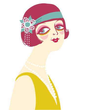 Vintage flapper girl portrait 1920s style fashion dress and accessories. Vector retro woman with dark hair and beads on her neck isolated on white backlgroundのイラスト素材