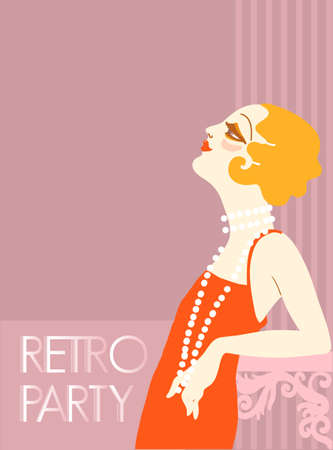Retro party invitation design template. Vintage flapper girl in 1920s style fashion red dress and long beads. Vector retro woman with blond hair on retro background for textのイラスト素材