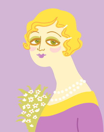 Vintage woman portrait in 1920s style fashion with flowers. Vector retro style flapper girl with blondy hairdo and beadsのイラスト素材