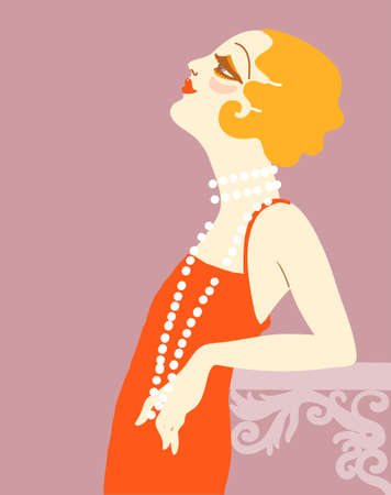Vintage flapper girl in 1920s style fashion red dress. Vector retro woman with blond hair and fashion lond beads on her neckのイラスト素材
