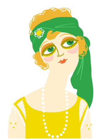 Vintage woman portrait in 1920s style fashion with green head accessories. Vector retro style flapper girl with blondy hairdo and beadsのイラスト素材