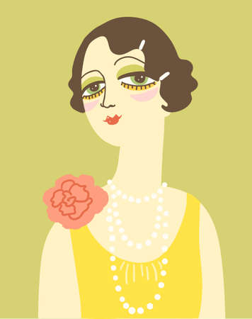 Vintage woman portrait in 1920s style fashion dress. Vector retro style flapper girl with hairdo and beadsのイラスト素材