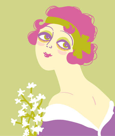 Vintage flapper girl portrait 1920s style fashion dress and white bouquette of flowers. Vector retro woman with pink hair and green ribbon on her headのイラスト素材