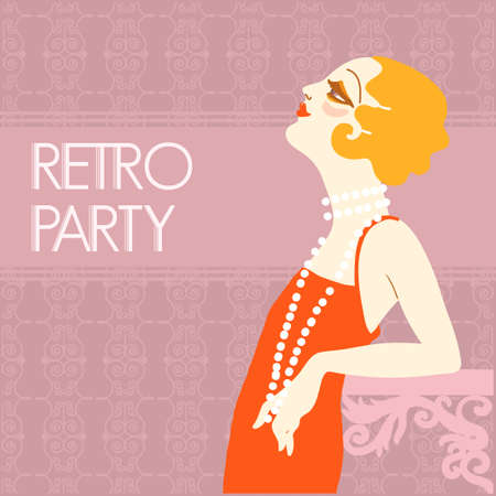 Retro party invitation design template. Vintage flapper girl in 1920s style fashion red dress. Vector retro woman with blond hair and fashion lond beads on her neckのイラスト素材