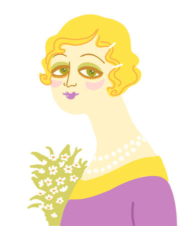 Vintage woman portrait in 1920s style fashion with flowers. Vector retro style flapper girl with blondy hairdo and beads isolated on white backgroundのイラスト素材