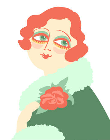 Vintage woman portrait in 1920s style fashion with red flower in hand. Vector retro style flapper girl with red hairdo isolated on white backgroundのイラスト素材