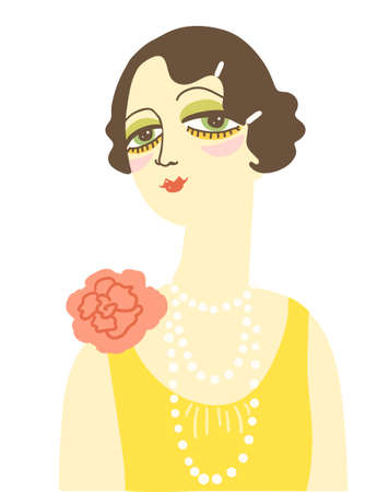 Vintage woman portrait in 1920s style fashion dress. Vector retro style flapper girl with hairdo and beads isolated on whiteのイラスト素材