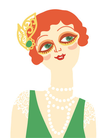 Vintage flapper smiling woman portrait in 1920s style fashion with red hair. Vector retro style...