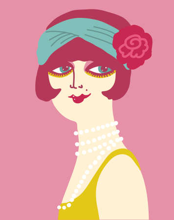 Vintage flapper girl in 1920s style fashion dress. Vector retro woman with fashion vintage accessories on pink backgroundのイラスト素材