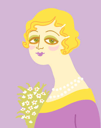 Vintage woman portrait in 1920s style fashion with flowers. Vector retro style flapper girl with blondy hairdo and beadsのイラスト素材