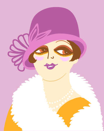 Vintage woman portrait in 1920s style fashion with cloche hat and winter fur coat. Vector retro style flapper girl on pink backgroundのイラスト素材