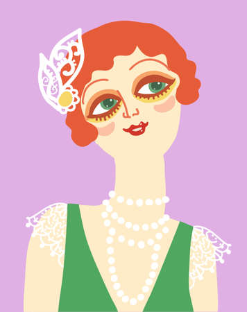 Vintage flapper smiling woman portrait in 1920s style fashion with red hair. Vector retro style flapper girl with retro green dress and beads.のイラスト素材