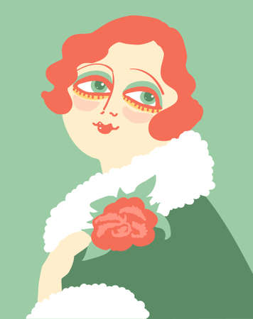 Vintage woman portrait in 1920s style fashion with red flower in hand. Vector retro style flapper girl with red hairdoのイラスト素材