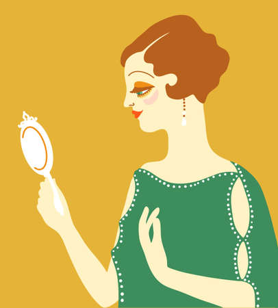 Vintage flapper woman 1920s style in green fashion dress. Vector retro woman with brown hair looks mirrorのイラスト素材