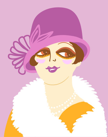 Vintage woman portrait in 1920s style fashion with cloche hat and winter fur coat. Vector retro style flapper girl on pink backgroundのイラスト素材