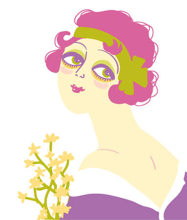 Vintage flapper girl portrait 1920s style fashion dress and white bouquette of flowers. Vector retro woman with pink hair and green ribbon on her head isolated on whiteのイラスト素材