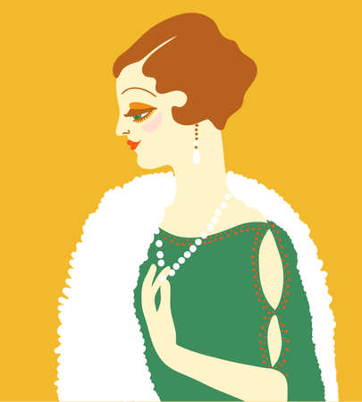 Vintage beautiful flapper woman 1920s style in green fashion dress and white fur accessories. Vector retro woman with brown hairのイラスト素材