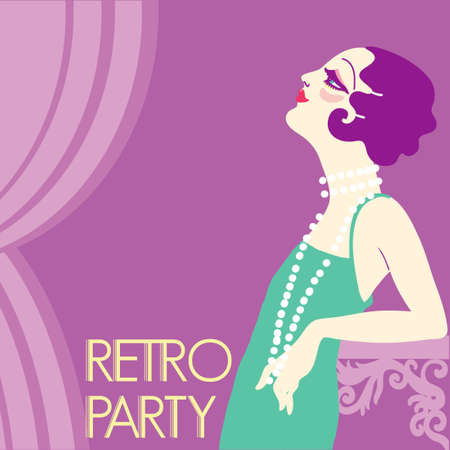 Retro party invitation design template. Vintage flapper girl in 1920s style fashion dress and long beads. Vector retro woman with dark hair on illustration background for textのイラスト素材