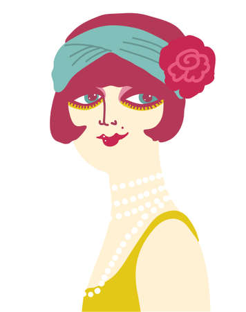 Vintage flapper girl in 1920s style fashion dress. Vector retro woman with fashion vintage accessories on white backgroundのイラスト素材