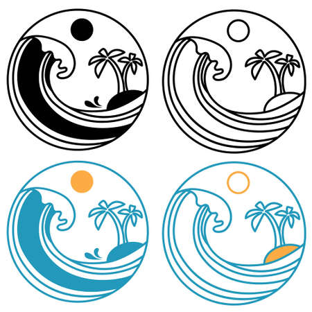 Palm trees and ocean waves vector silhouette illustration isolated on white. Travel summer printable design for tshirt, mugのイラスト素材