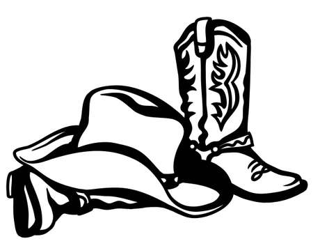 Cowboy boots and western hat. Vector black graphic hand drawn illustration rodeo cowboy clothes isolated on white for printのイラスト素材