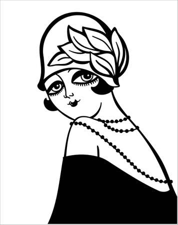 Vintage woman portrait in 1920s style fashion with cloche hat and dress. Vector retro style flapper girl isolated on whiteのイラスト素材