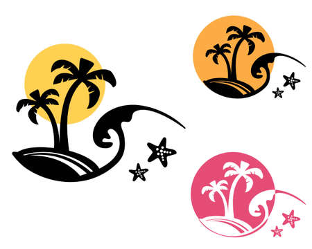 Palm trees and ocean waves vector silhouette illustration isolated on white. Travel summer printable design for tshirt, mugのイラスト素材