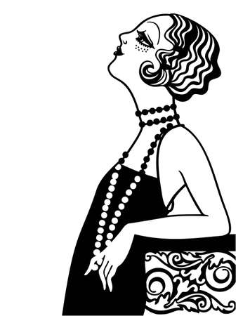 Vintage woman portrait in 1920s style fashion with cloche hat and dress. Vector retro style flapper girl isolated on whiteのイラスト素材