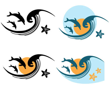 sun and waves icon  vector symbol illustration outline style design. Vector set of sea landscape label, badge isolated on whiteのイラスト素材