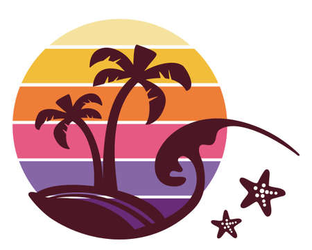 sun and waves icon vector symbol illustration outline style design. Vector set of sea landscape label, badge isolated on whiteのイラスト素材